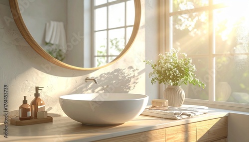丸い鏡のある美しい洗面所の洗面台、さわやかなインテリア