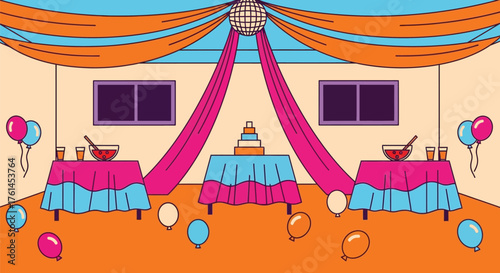 Party celebration event with cake balloons and disco ball vector