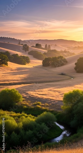 Golden Hour Serenity - A Landscape of Rolling Hills and Tranquil Stream.