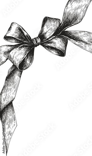 Detailed vertical ribbon bow sketch in black ink. Vector for packaging designs, luxury cards, elegant composition layouts.