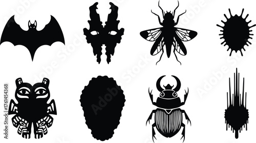 Vector silhouettes of bat bug and abstract shapes collection