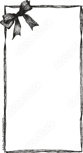 Vertical rectangular frame with bow corner. Pencil crayon draw ink illustration for cards, packaging, elegant festive compositions.
