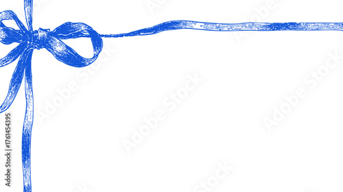 Detailed blue horizontal ribbon bow drawing. Pencil draw elegant decorative element for packaging, labels, card design.