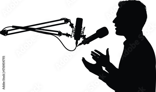 Silhouette of man speaking into microphone, podcast recording session, radio host broadcasting, communication media, sound recording studio, interview illustration