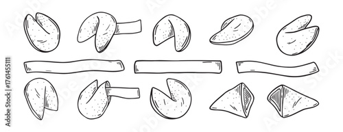 Chinese fortune cookies doodle hand drawn icon set. Outline drawing Chinese fortune cookies line clipart symbol collection