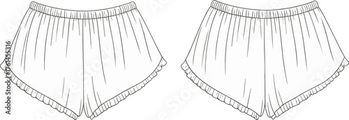 Cad drawing flat vector illustration, technical fashion sketch, women’s ruffle hem shorts, elastic waistband, soft fabric, garment construction reference