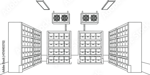 Commercial freezer room with shelves and boxes storage solution