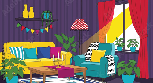 Colorful living room interior design with furniture and decor