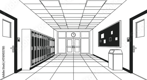 School hallway illustration with lockers and bulletin board art