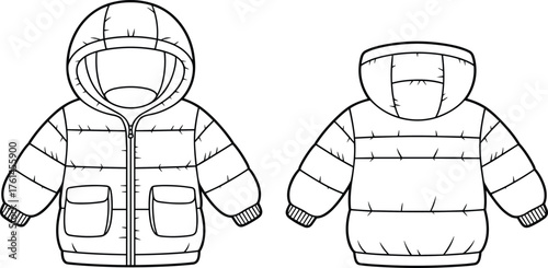 Puffer jacket flat sketch, kids winter coat with hood, front and back view, outerwear fashion design, cad drawing flat vector illustration