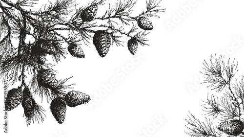 Realistic pine branch and cone sketch illustration with fine lines, hand drawn winter botanical art for eco branding, Christmas labels and backgrounds.