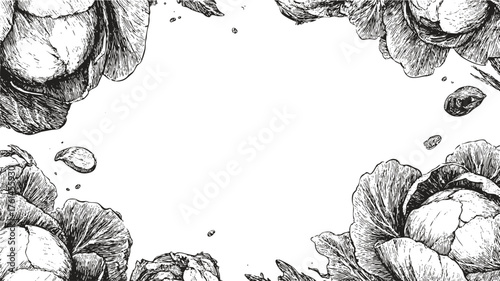 Hand drawn cabbage border sketch illustration with realistic leaves and natural texture for healthy food branding, organic packaging, vintage vegetable posters.