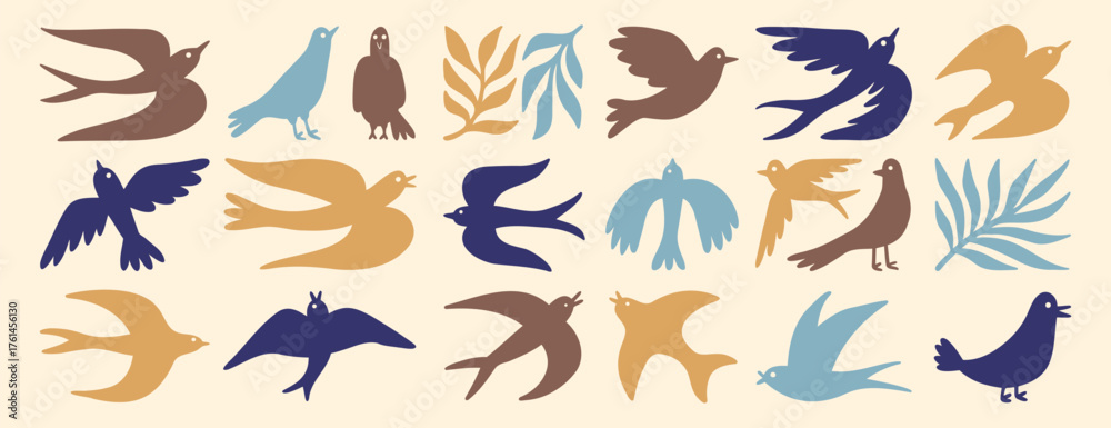 Fototapeta premium spring birds modern art simple silhouette set. boho flying birds clipart cartoon art. 