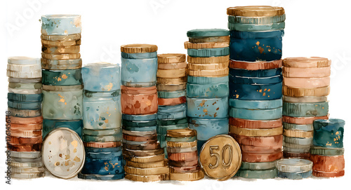 Watercolor illustration of stacked coins and currency concept