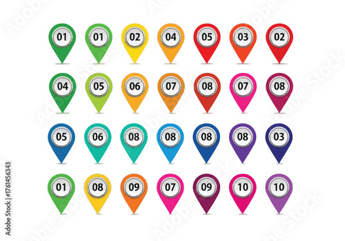 Vector illustration of collection of colorful map pin icons with numbers