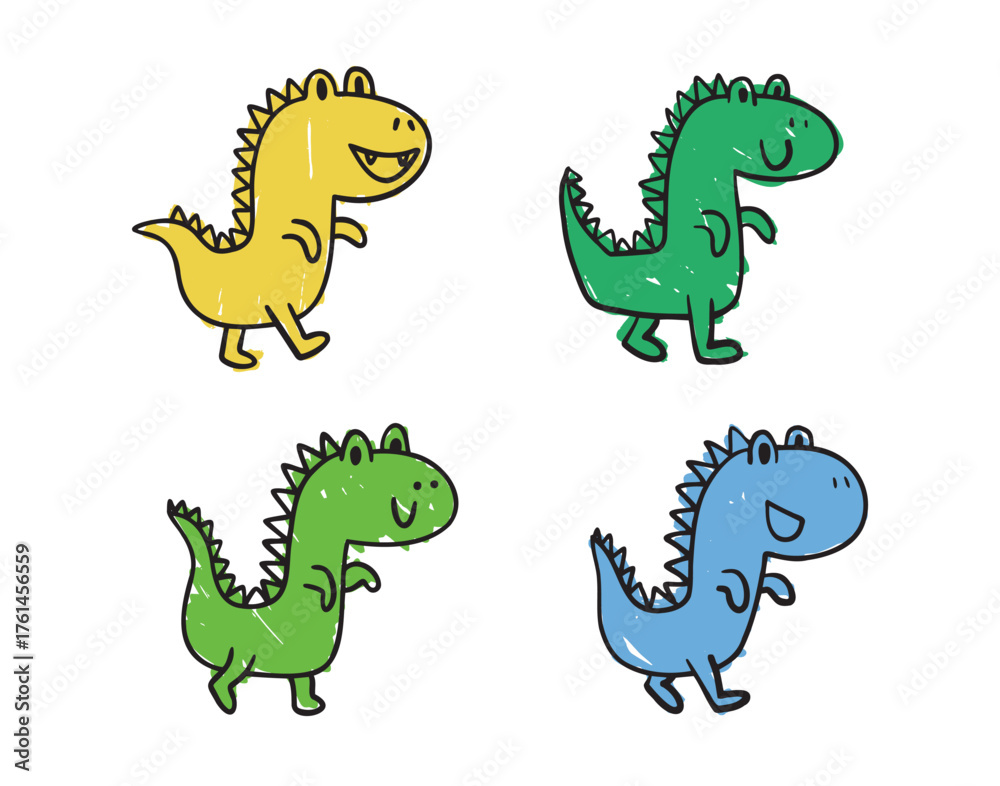 Obraz premium Funny green doodle hand drawn cartoon cute dinosaur set. Baby art, dinosaur with smile character
