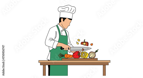 Professional chef expertly chopping a vibrant mix of fresh vegetables on a wooden cutting board, isolated on a white background