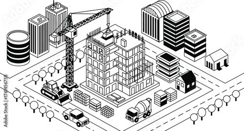 Isometric construction site illustration building development