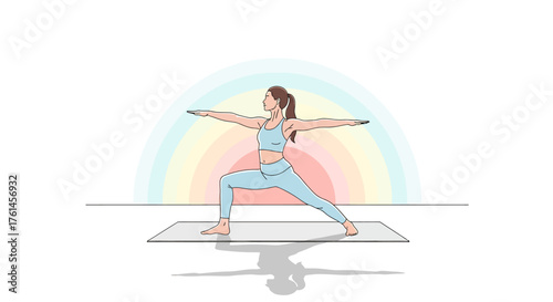 Mindful woman in Warrior II yoga pose, illustrating balance, strength, and tranquility with a gentle rainbow arch, promoting wellness and inner harmony