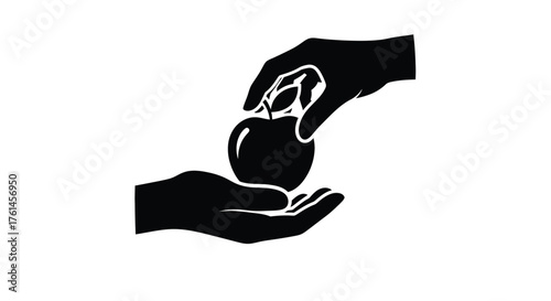 A black and white illustration depicting hands holding an apple