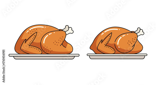 Two cartoon roasted turkeys presented on silver platters a festive meal