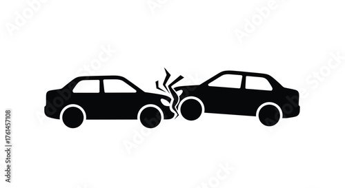 Two cars colliding head on with visible damage and smoke displayed