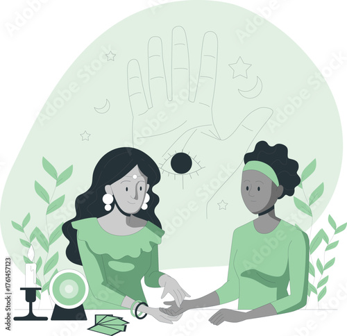 Fortune teller reading palms with crystal ball and tarot cards illustration palm reader psychic