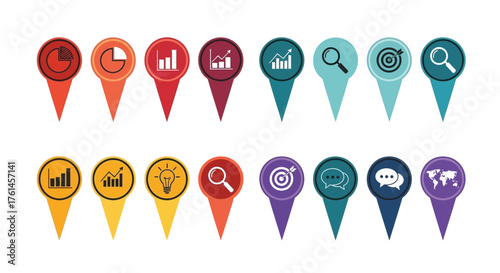 Collection of colorful map marker icons representing data and analysis concepts
