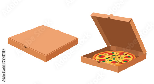 Illustration of open and closed cardboard pizza boxes with a slice inside