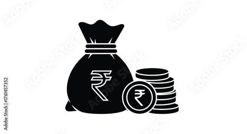 Black icon depicting a bag and stack of indian rupees currency