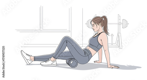 Woman Using Foam Roller for Leg Muscle Recovery in Gym Setting