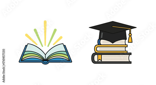 Graduation cap and open book representing knowledge and academic success