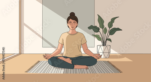 Peaceful illustration of a woman meditating in a sunlit room, practicing yoga for mindfulness, wellness, and inner balance at home