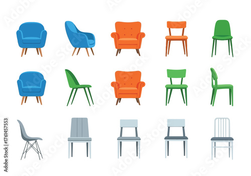 Vector illustration of collection of modern chairs and armchairs
