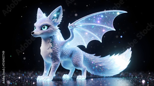 A unique futuristic mascot, designed as a mystical creature blending fox and dragon elements