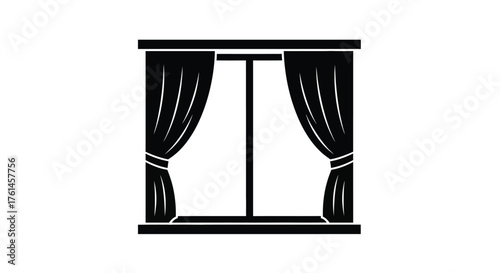 Simple black and white illustration of a window with closed curtains