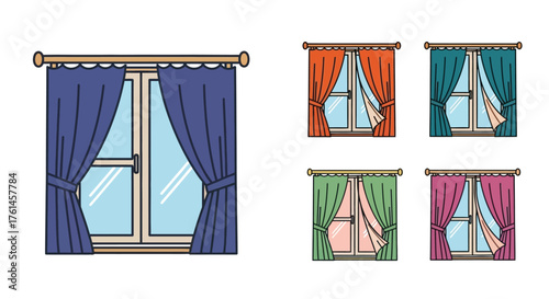 Colorful window and curtain designs showcasing various styles and shades