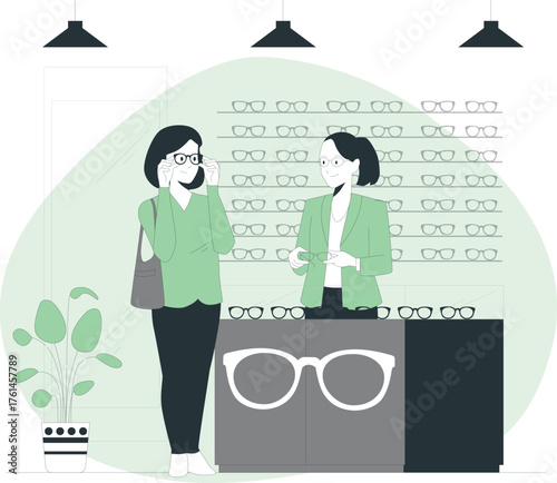 Optometrist assisting customer trying on eyeglasses in an optical shop vector illustration