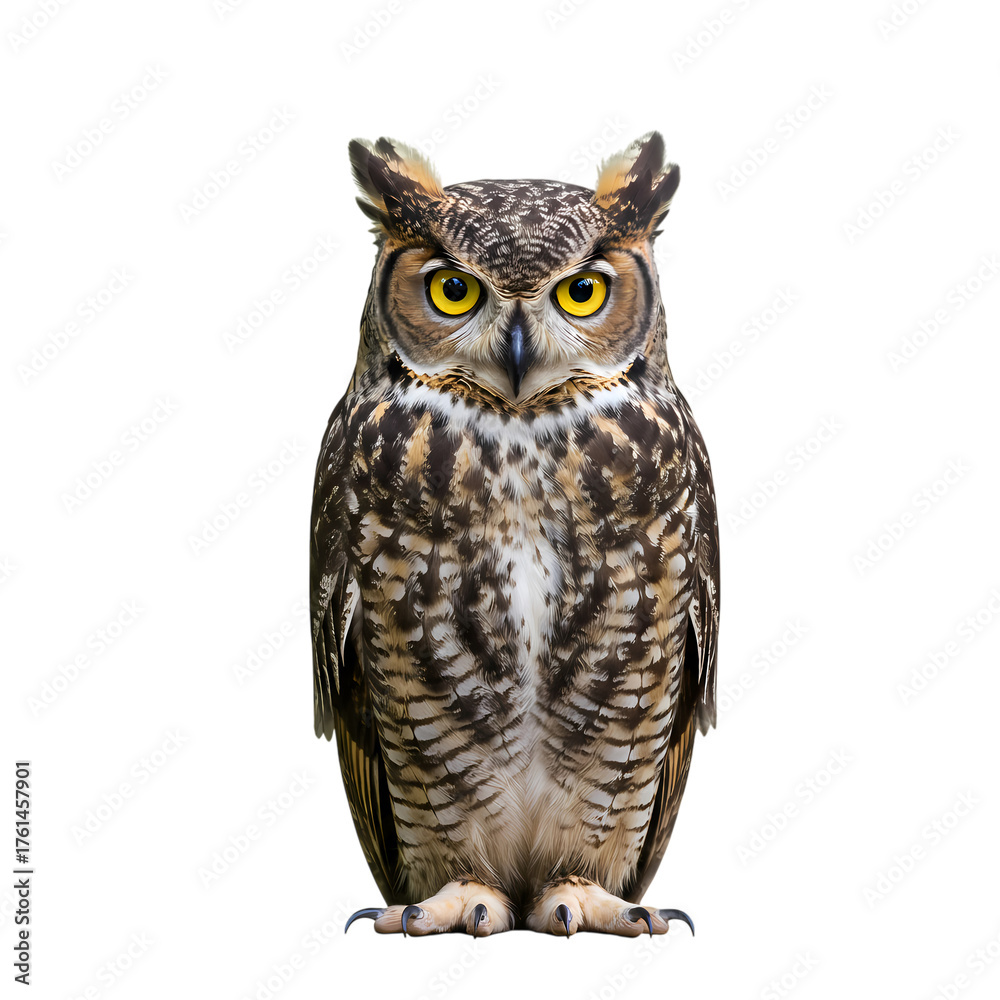 Fototapeta premium Majestic great horned owl with piercing yellow eyes stands alert, showcasing intricate feather patterns for nature and wildlife projects.