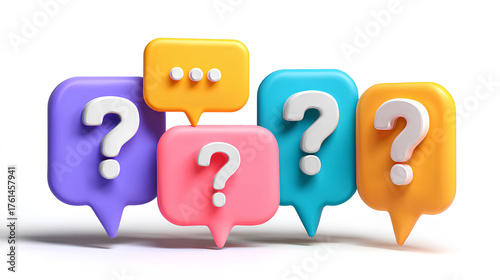 A survey chat speech bubbles with question mark symbol. Clarification, question, FAQ, QA concept. Survey reaction 3d icon illustration isolated on white background Stock Illustration