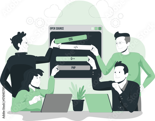 Diverse team collaborating on open source software development with code on screen programming