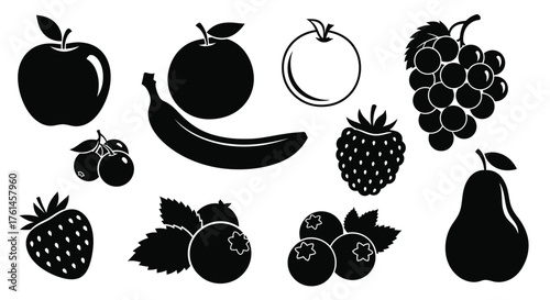 Black and white illustration depicting various fruits arranged closely together