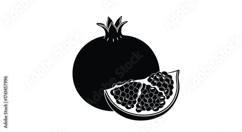 Black and white illustration of a whole and halved pomegranate fruit