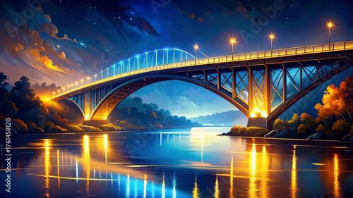Illuminated Bridge Over Calm Waters at Night with Reflective Lights