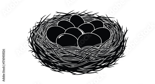 A detailed illustration of a bird s nest containing several dark eggs