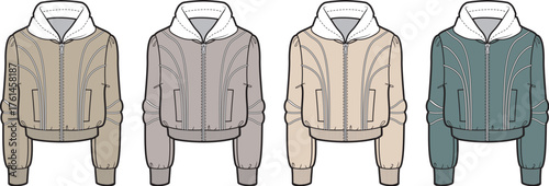 Various bomber jackets and hooded jackets displayed in a row with multiple color options