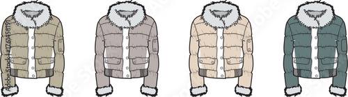 Fashion technical sketch of a women's winter puffer jacket with faux fur collar. Set of outerwear apparel in different color options