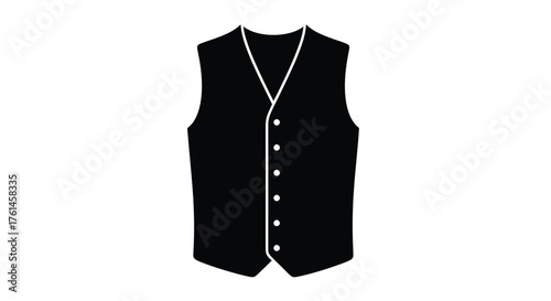 A simple black vest illustration with white button detailing shown clearly