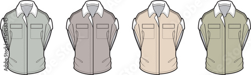 Vector illustration set featuring four short-sleeve collared uniform shirts in a range of neutral and earthy tones, perfect for fashion design, workwear concepts, or apparel branding projects