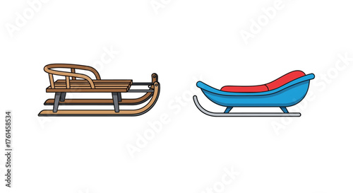 Two colorful sleds one wooden and one plastic are displayed side by side
